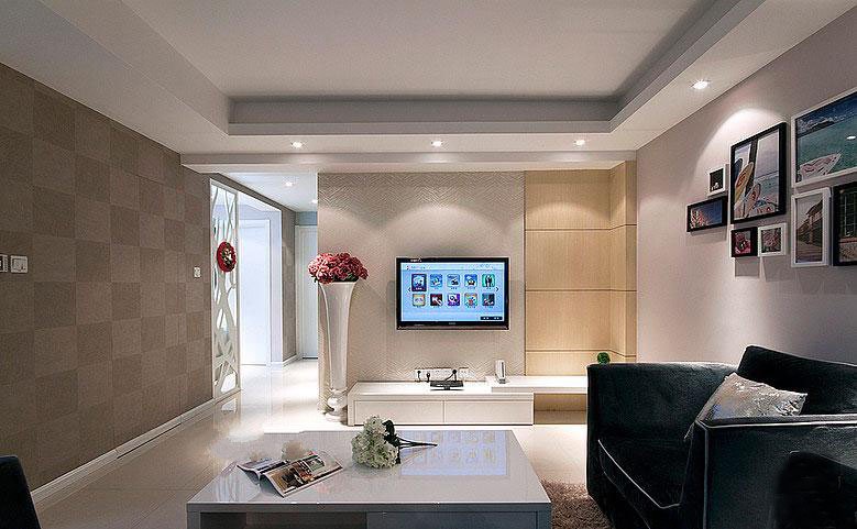 北京乐城小区客厅简约白色照片墙白色茶几白色电视背景墙客厅效果图